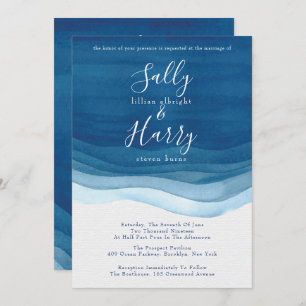 Navy, Modern Watercolor Waves Wedding Invitation