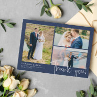 Navy Modern Wedding 3 Photo Collage Thank You