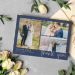 Navy Modern Wedding 3 Photo Collage Thank You Card<br><div class="desc">Say thank you to your wedding guests with a photo collage where you can feature three of your own lovely wedding photos. Add your names and wedding date in a modern white font. Thank you is written in a charming hand-written script. On the back you can write by hand a...</div>