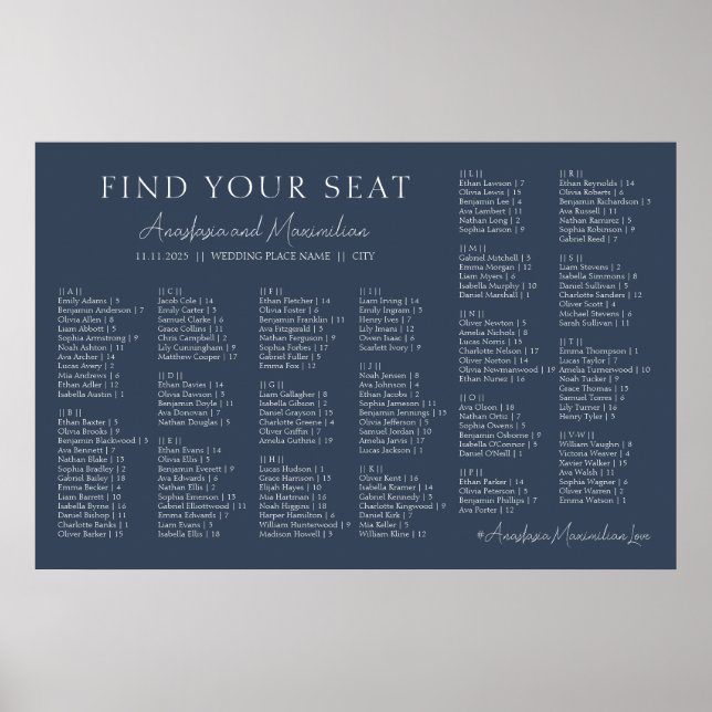Navy Modern Wedding Alphabetical Seating Chart (Front)
