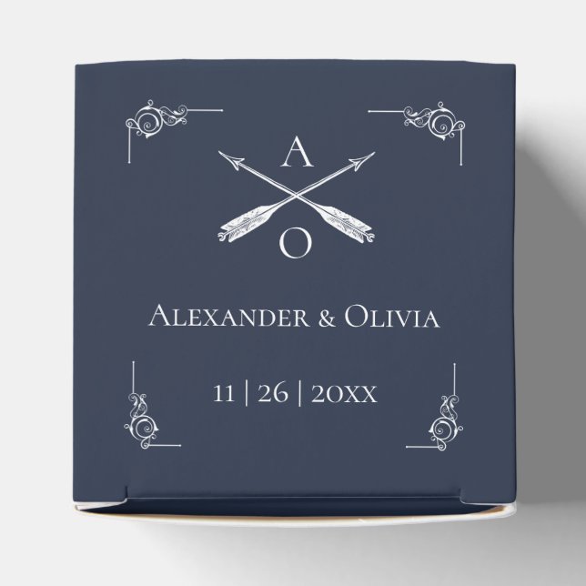 Navy Monogram and Arrows Wedding Favour Box (Top)
