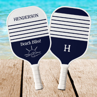 Navy Monogram Coastal Nautical Stripes Beach Pickleball Paddle