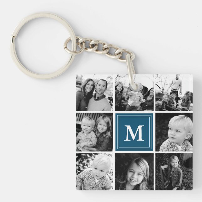 Navy Monogram Family Photo Collage Keychain (Front)