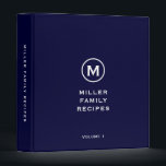 Navy Monogram Family Recipe Binder<br><div class="desc">Modern recipe binder features a minimal design in a navy blue and white colour palette. Custom family name presented in the centre in stylish simple font with a complimentary minimal monogram medallion. Shown with a custom name and monogram initial on the front in modern typography, this personalized family recipe binder...</div>