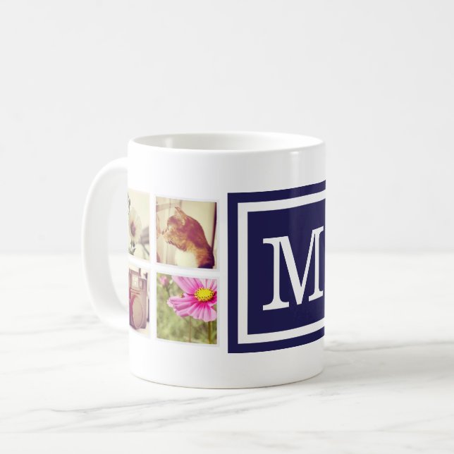 Navy Monogram Instagram Photo Collage Mug (Front Left)