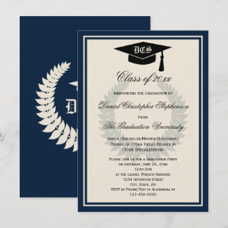 Navy Monogram Laurel Classic College Graduation Invitation