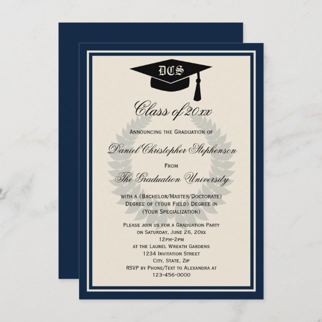 Navy Monogram Laurel Classic College Graduation Invitation (Front/Back)