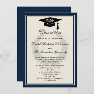 Navy Monogram Laurel Classic College Graduation Invitation