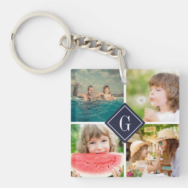 Navy Monogram Photo Collage Double-Sided Keychain (Front)