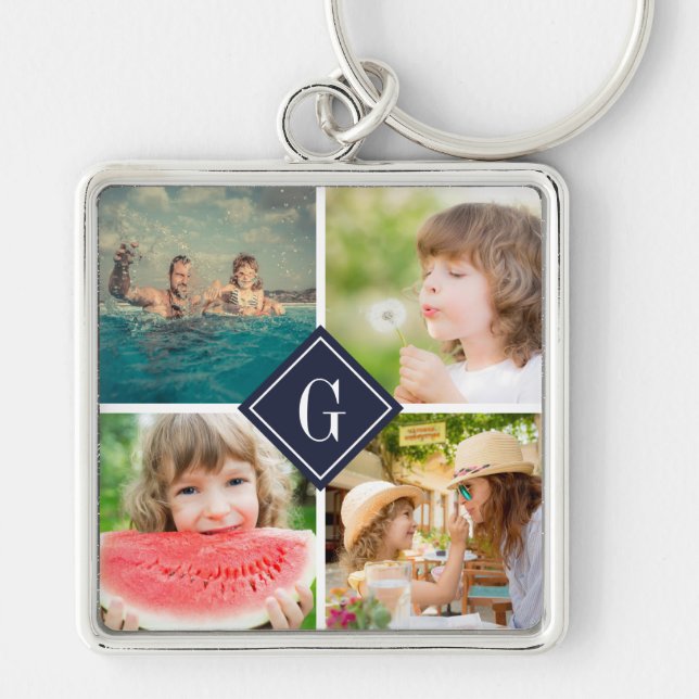 Navy Monogram Photo Collage Keychain (Front)