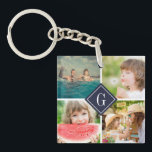 Navy Monogram Photo Collage Keychain<br><div class="desc">Custom compact mirror with personalized monogram and square collage of 4 photos bordering your monogram or other custom text in a diamond frame. Click Customize It to change text, fonts and colours to create a unique design. A perfect gift for family, friends, newlywed couples, parents, and grandparents! This template works...</div>