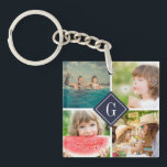 Navy Monogram Photo Collage Keychain<br><div class="desc">Custom compact mirror with personalized monogram and square collage of 4 photos bordering your monogram or other custom text in a diamond frame. Click Customize It to change text, fonts and colours to create a unique design. A perfect gift for family, friends, newlywed couples, parents, and grandparents! This template works...</div>