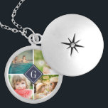 Navy Monogram Photo Collage Locket Necklace<br><div class="desc">Custom locket necklace with personalized monogram and square collage of 4 photos bordering your monogram or other custom text in a diamond frame. Click Customize It to change text, fonts and colours to create a unique design. A perfect gift for family, friends, newlywed couples, parents, and grandparents! This template works...</div>