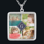 Navy Monogram Photo Collage Silver Plated Necklace<br><div class="desc">Custom necklace with personalized monogram and square collage of 4 photos bordering your monogram or other custom text in a diamond frame. Click Customize It to change text, fonts and colours to create a unique design. A perfect gift for family, friends, newlywed couples, parents, and grandparents! This template works best...</div>