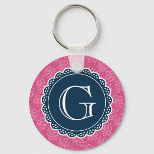Navy Monogram Pink Hibiscus Pattern Keychain