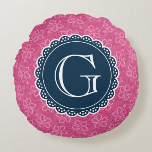 Navy Monogram Pink Hibiscus Pattern Round Pillow