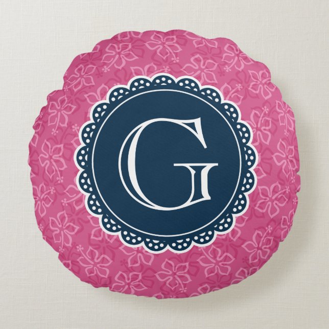Navy Monogram Pink Hibiscus Pattern Round Pillow (Front)