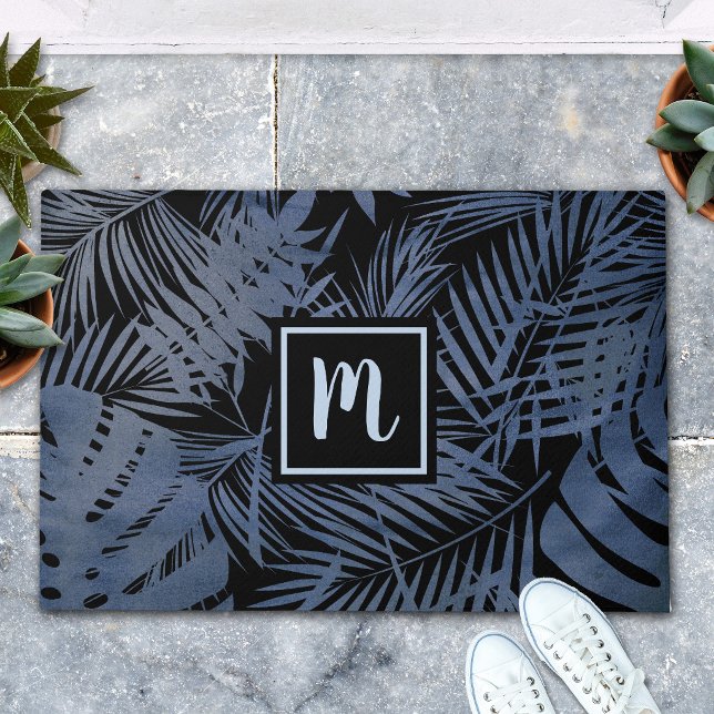 Navy monogram tropical palm leaf pattern modern  doormat (Creator Uploaded)