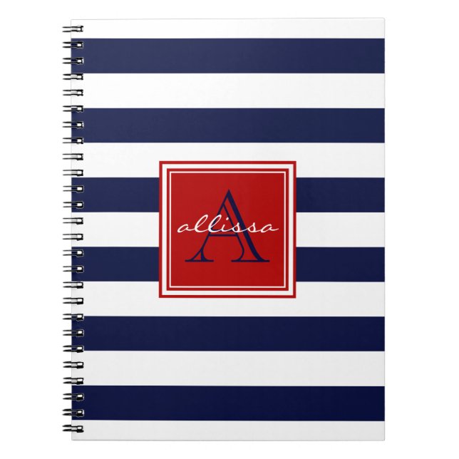 Navy Monogrammed Awning Stripe Notebook (Front)