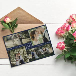 Navy Monogrammed Photo Collage Wedding Thank You