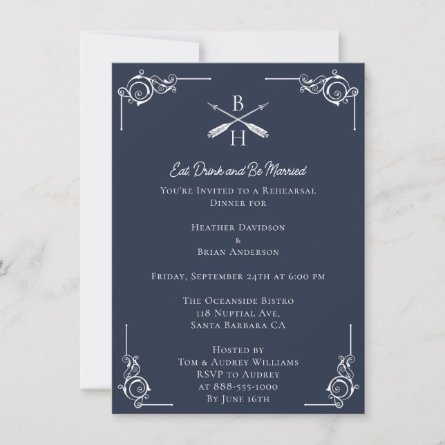 Navy Monograms and Arrows Rehearsal Dinner Invitation (Front)