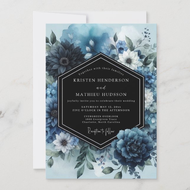 Navy Moody Anemone Wedding Invitation (Front)