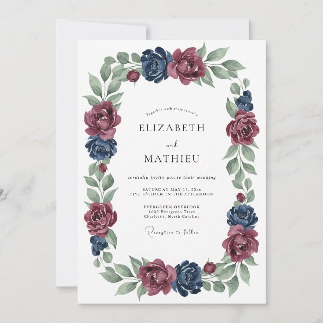 Navy Moody Botanical Wedding Invitation (Front)