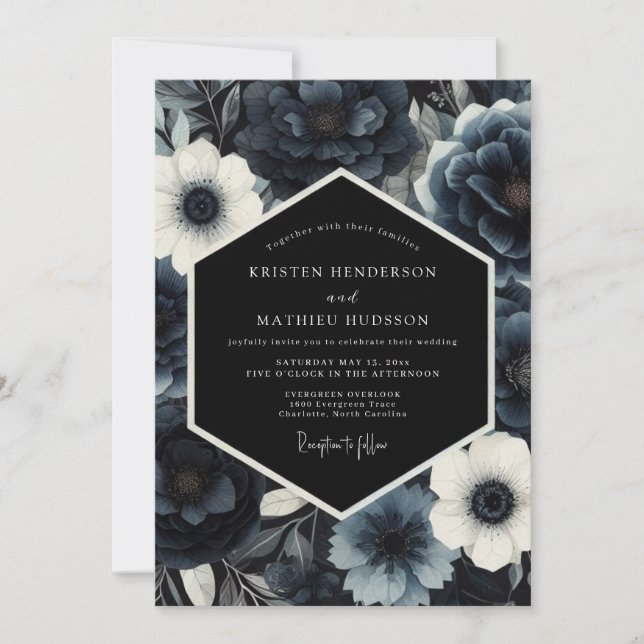 Navy Moody Floral Nocturne Wedding Invitation (Front)