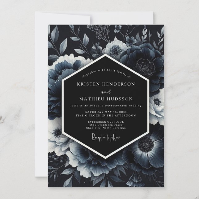 Navy Moody Floral Wedding Invitation (Front)