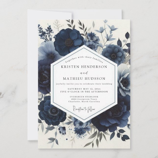 Navy Moody Floral Wedding Invitation (Front)