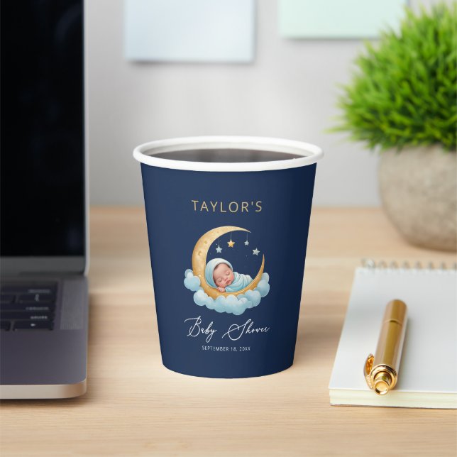 Navy Moon Stars Celestial Baby Shower Paper Cups (Insitu)