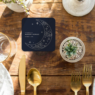 Navy Moon & Stars Celestial Wedding Reception Square Paper Coaster