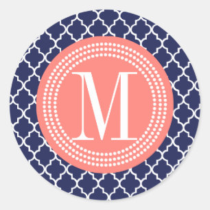 Navy Moroccan Tiles Lattice Personalized Classic Round Sticker