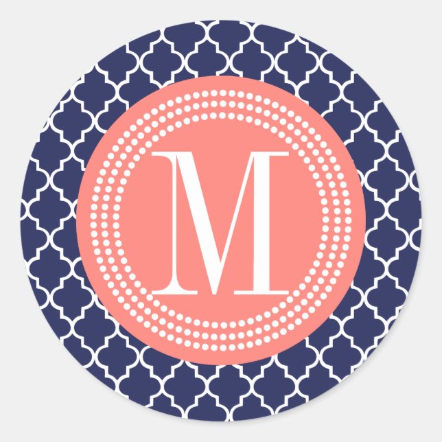 Navy Moroccan Tiles Lattice Personalized Classic Round Sticker (Front)