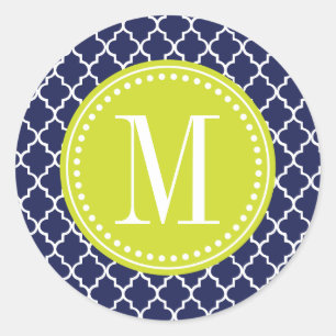 Navy Moroccan Tiles Lattice Personalized Classic Round Sticker