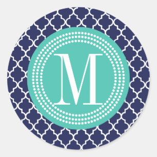 Navy Moroccan Tiles Lattice Personalized Classic Round Sticker