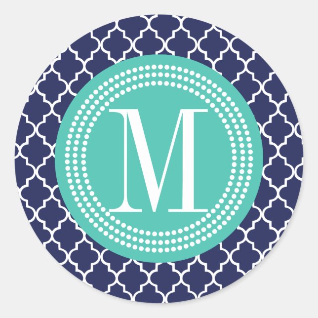 Navy Moroccan Tiles Lattice Personalized Classic Round Sticker (Front)