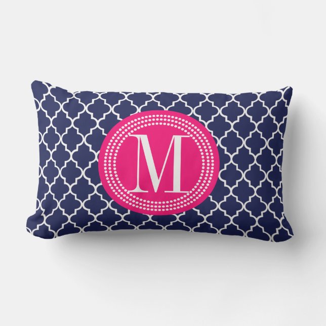 Navy Moroccan Tiles Lattice Personalized Lumbar Pillow (Front)