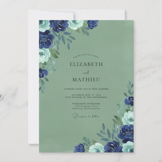 Navy Moss Wildflower Wedding Invitation (Front)