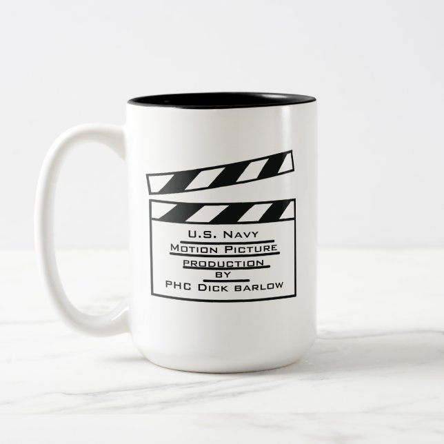 Navy Motion Picture Slate 1Two-Tone Mug, 15 oz Two-Tone Coffee Mug (Left)