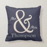 Navy Mr. and Mrs. Couple's Throw Pillow<br><div class="desc">For the Mr. and Mrs., this Couple's pillow features an oversized ampersand with the couple's last name that you can personalize with your name. Shown here in a navy blue background with matching navy blue and white stripes on the reverse side. You can change the navy background colour on both...</div>