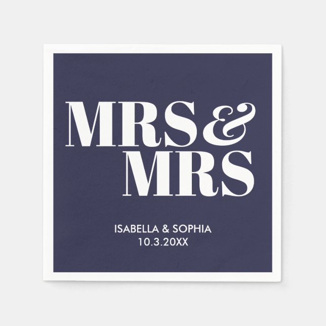 Navy Mrs & Mrs Bride Personalized Wedding Napkins (Front)