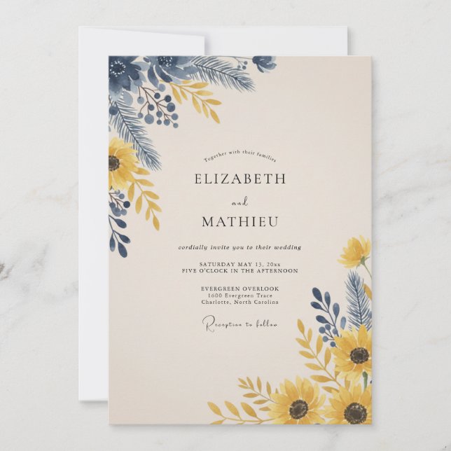 Navy Mustard Sunflower Eucalyptus Wedding Invitation (Front)