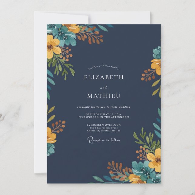 Navy Mustard Wildflower Wedding Invitation (Front)