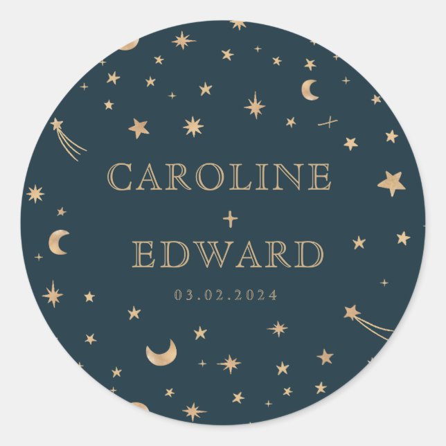 Navy Mystical Gold Stars Moon Astronomy Wedding  Classic Round Sticker (Front)