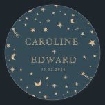 Navy Mystical Gold Stars Moon Astronomy Wedding  Classic Round Sticker<br><div class="desc">Navy Mystical Gold Stars Moon Astronomy Wedding</div>