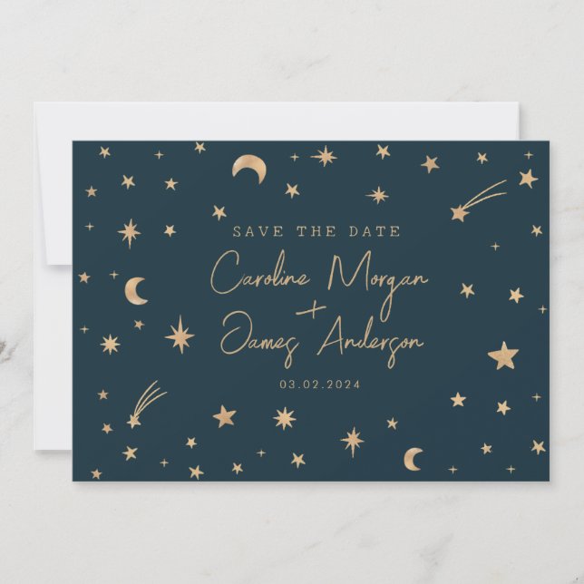 Navy Mystical Gold Stars Moon Astronomy Wedding  Invitation (Front)