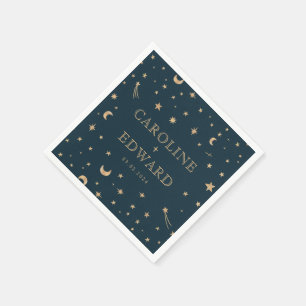 Navy Mystical Gold Stars Moon Astronomy Wedding Napkin