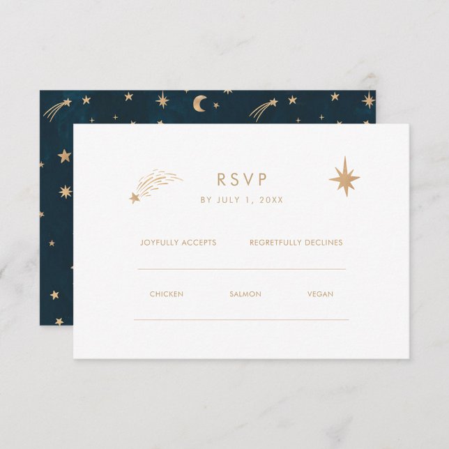Navy Mystical Gold Stars Moon Astronomy Wedding  RSVP Card (Creator Uploaded)
