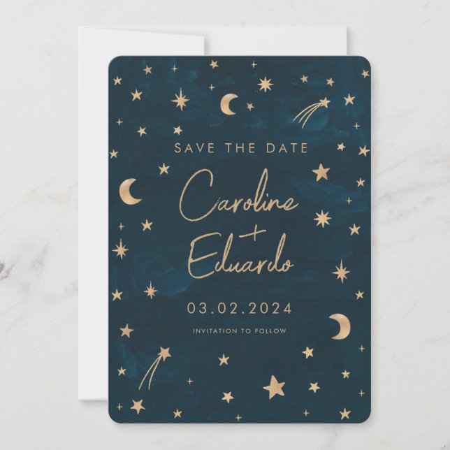 Navy Mystical Gold Stars Moon Astronomy Wedding  Save The Date (Front)